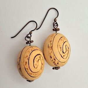 Large Wooden Bead Handmade Woodburned Dangle Earrings on Bronzetone Hooks 2"